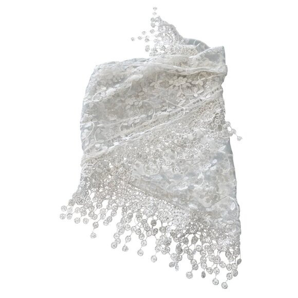 Sheer Floral Lace Shawl Scarf Elegant White Mesh Embroidered Triangle Bohemian - Picture 5 of 5